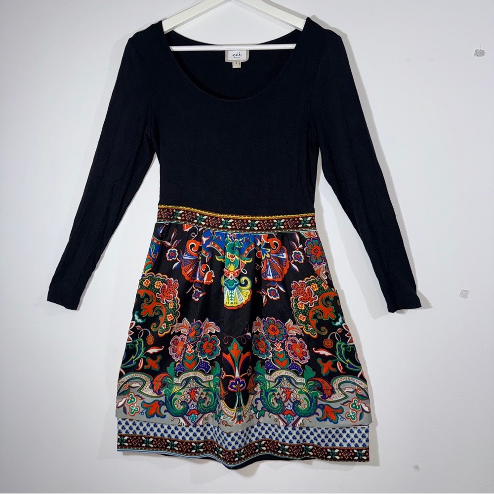 ECI New York Long Sleeve Fit and‎ Flare Dress Black Multicolor Boho Print Small